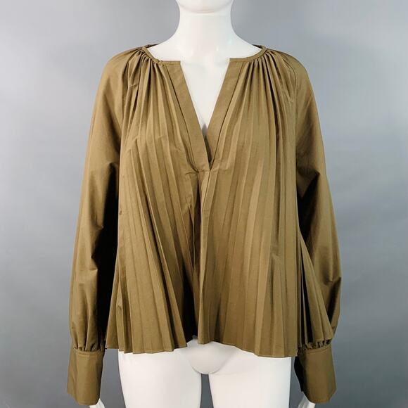 PROENZA SCHOULER Size 6 Monica Brown Cotton Blend Pleated V-Neck Blouse - Picture 1 of 6